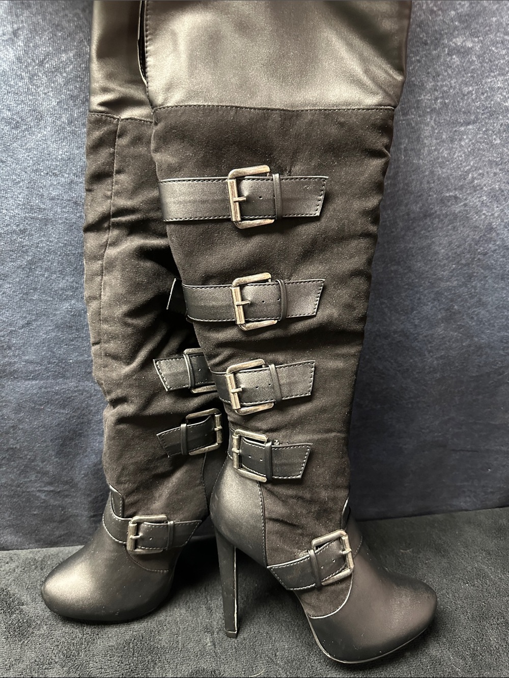 Women's Black Buckle-Accent High Heel Knee Boots Luxe by Justfab 7